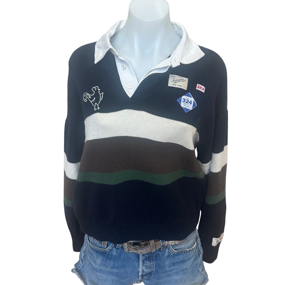 SEA New York Striped Polo Rugby Sweater MEDIUM Cotton Varsity Embroidered $365 - Picture 8 of 16